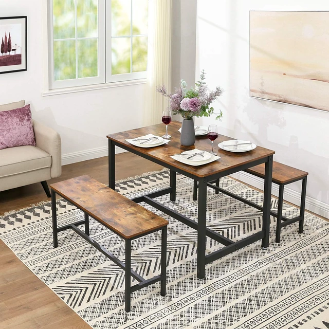 Alt view image 3 of 7 - Dining Bench Set of 2, 42.5'' Kitchen Bench | Industrial Style, Steel Metal Frame, for Kitchen, Dining Room, Living Room, Entryway, Rustic Brown and Black, UKTB33X