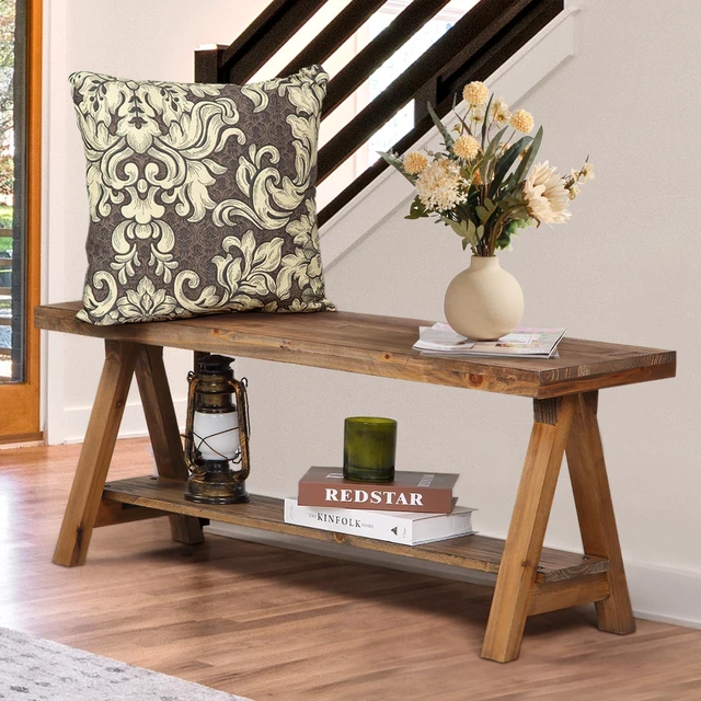 Main image of 43" Farmhouse Solid Wood Bench, Rustic Indoor Storage Bench | Entryway Seat for Living Room, End of Bed, Hallway, Original Natural Wood Finish, Sturdy Construction