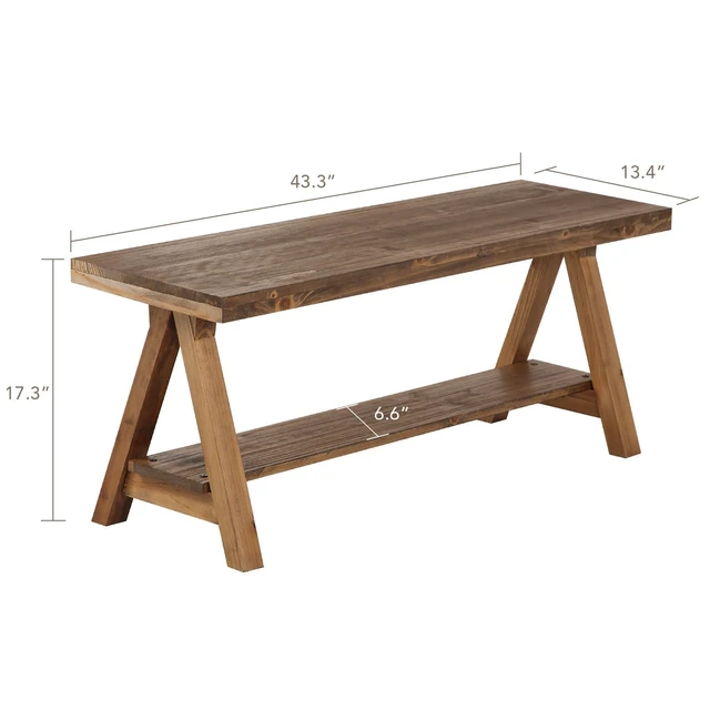 Alt view image 2 of 6 - 43" Farmhouse Solid Wood Bench, Rustic Indoor Storage Bench | Entryway Seat for Living Room, End of Bed, Hallway, Original Natural Wood Finish, Sturdy Construction