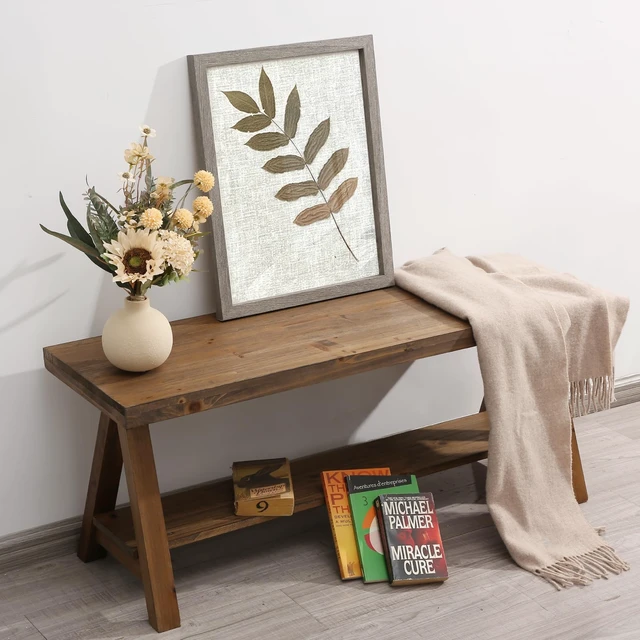 Alt view image 3 of 6 - 43" Farmhouse Solid Wood Bench, Rustic Indoor Storage Bench | Entryway Seat for Living Room, End of Bed, Hallway, Original Natural Wood Finish, Sturdy Construction