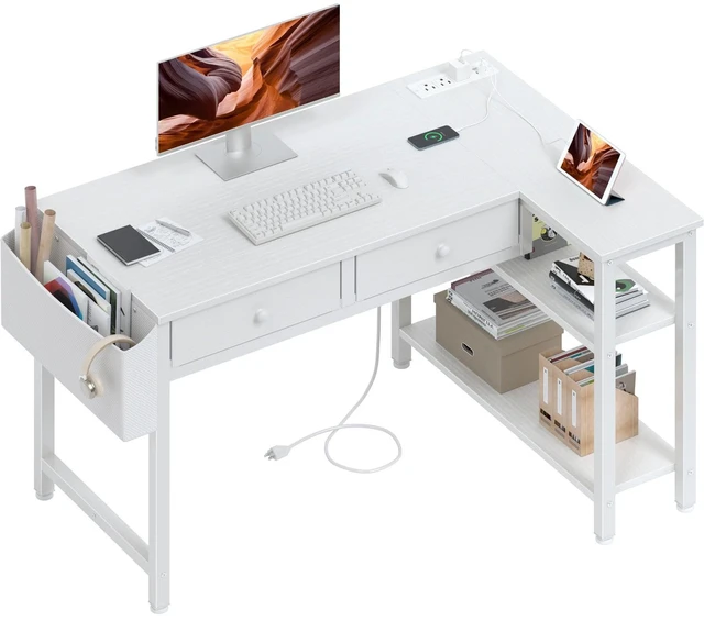 Main image of Small White 40 Inch L Shaped Corner Desk with Drawers & Storage Shelves | Power Outlet, For Small Space Home Office, Study Work PC Desks for Bedroom