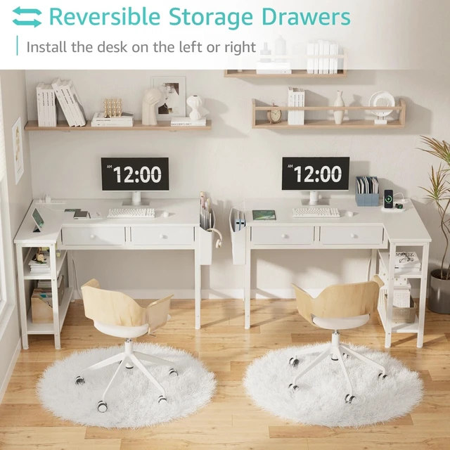 Alt view image 2 of 7 - Small White 40 Inch L Shaped Corner Desk with Drawers & Storage Shelves | Power Outlet, For Small Space Home Office, Study Work PC Desks for Bedroom