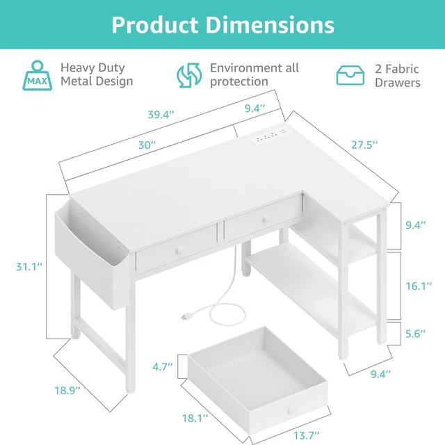 Alt view image 3 of 7 - Small White 40 Inch L Shaped Corner Desk with Drawers & Storage Shelves | Power Outlet, For Small Space Home Office, Study Work PC Desks for Bedroom