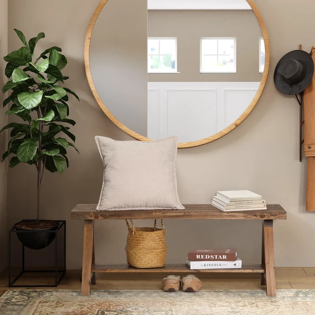 Alt view image 5 of 6 - 43" Farmhouse Solid Wood Bench, Rustic Indoor Storage Bench | Entryway Seat for Living Room, End of Bed, Hallway, Original Natural Wood Finish, Sturdy Construction