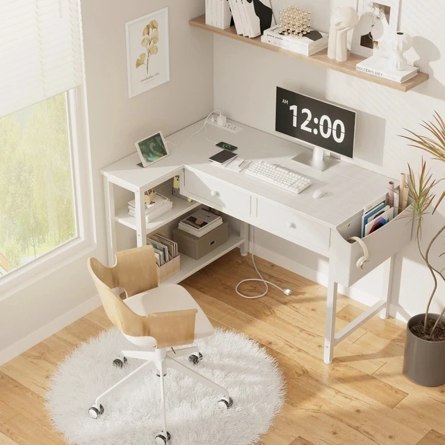 Alt view image 4 of 7 - Small White 40 Inch L Shaped Corner Desk with Drawers & Storage Shelves | Power Outlet, For Small Space Home Office, Study Work PC Desks for Bedroom