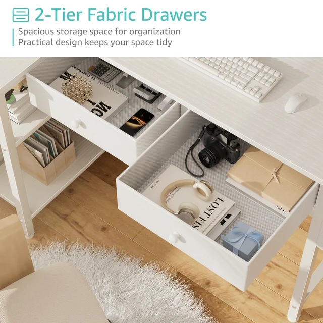 Alt view image 5 of 7 - Small White 40 Inch L Shaped Corner Desk with Drawers & Storage Shelves | Power Outlet, For Small Space Home Office, Study Work PC Desks for Bedroom