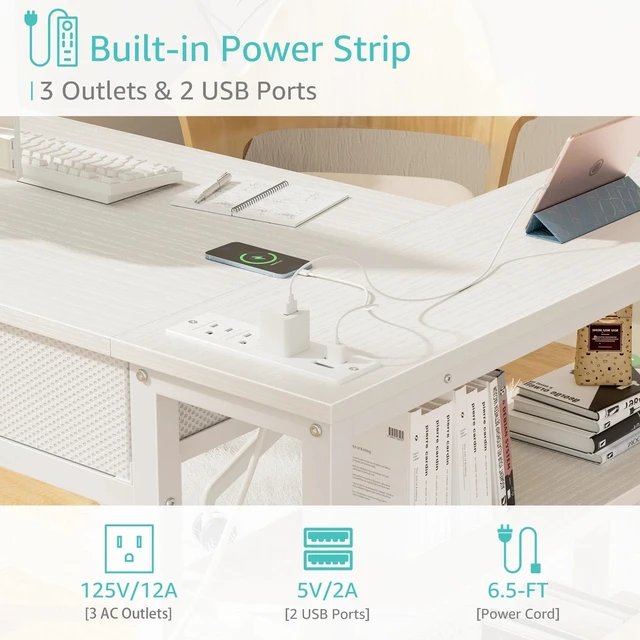 Alt view image 6 of 7 - Small White 40 Inch L Shaped Corner Desk with Drawers & Storage Shelves | Power Outlet, For Small Space Home Office, Study Work PC Desks for Bedroom