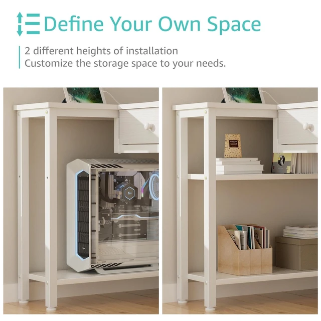 Alt view image 7 of 7 - Small White 40 Inch L Shaped Corner Desk with Drawers & Storage Shelves | Power Outlet, For Small Space Home Office, Study Work PC Desks for Bedroom