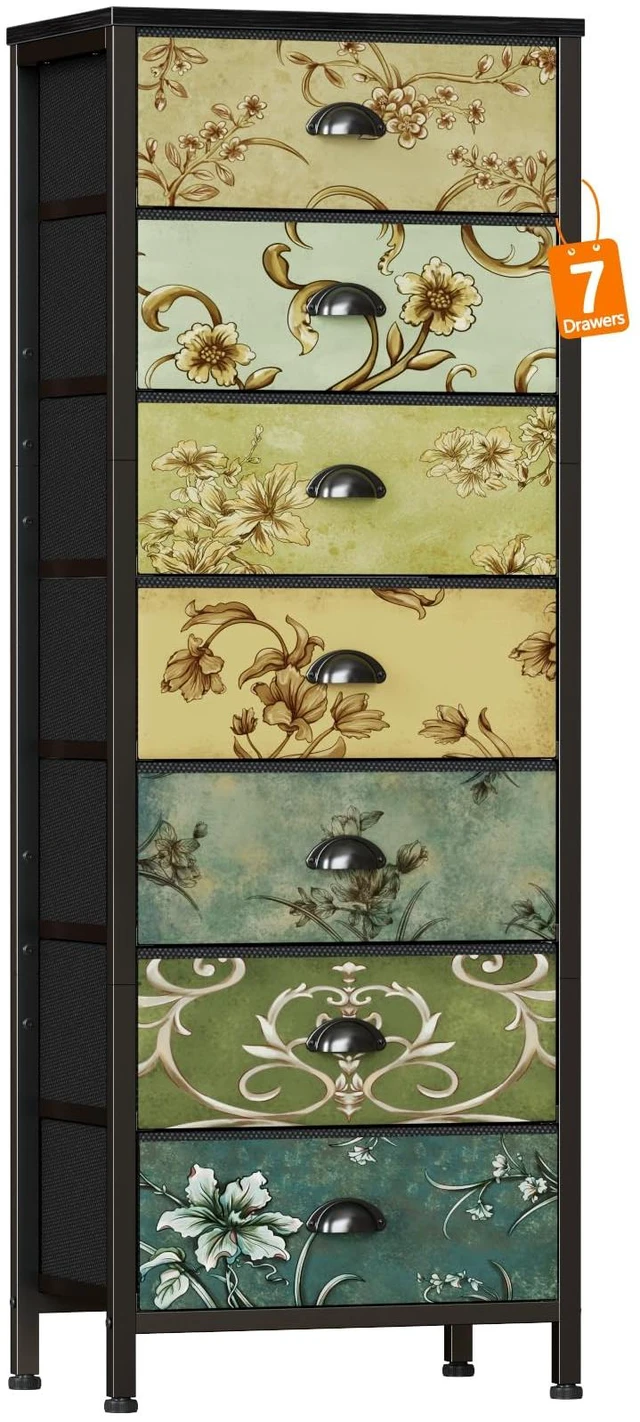 Main image of 7 Drawer Tall Dresser for Bedroom, Vintage Fabric Chest of Drawers | Tall Nightstand for Dorm, Vertical Storage Tower Organizer, Fabric Drawer Units, Retro Skinny Dresser for Closet, Entryway