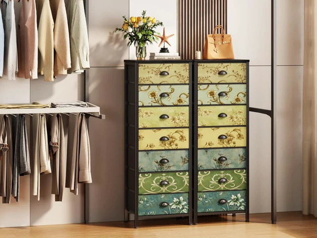 Alt view image 2 of 7 - 7 Drawer Tall Dresser for Bedroom, Vintage Fabric Chest of Drawers | Tall Nightstand for Dorm, Vertical Storage Tower Organizer, Fabric Drawer Units, Retro Skinny Dresser for Closet, Entryway
