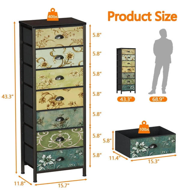 Alt view image 3 of 7 - 7 Drawer Tall Dresser for Bedroom, Vintage Fabric Chest of Drawers | Tall Nightstand for Dorm, Vertical Storage Tower Organizer, Fabric Drawer Units, Retro Skinny Dresser for Closet, Entryway