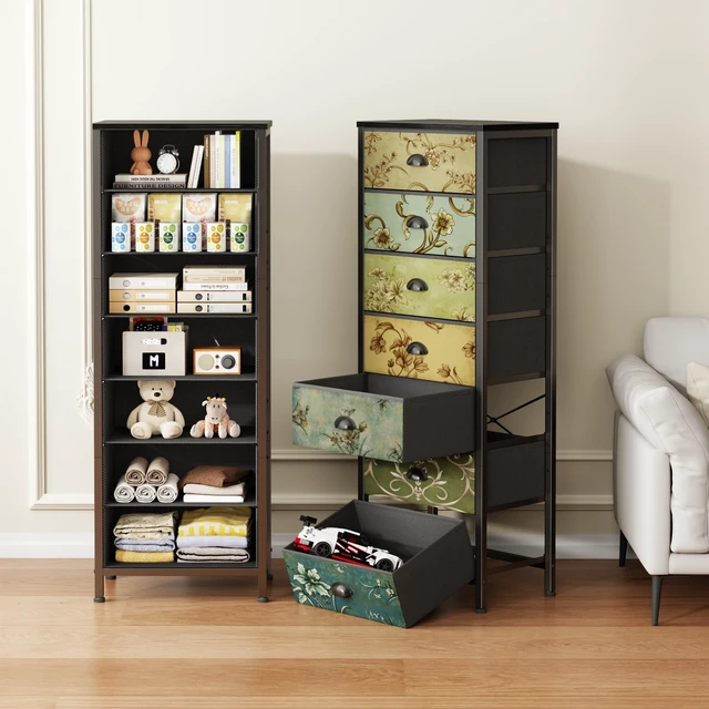 Alt view image 4 of 7 - 7 Drawer Tall Dresser for Bedroom, Vintage Fabric Chest of Drawers | Tall Nightstand for Dorm, Vertical Storage Tower Organizer, Fabric Drawer Units, Retro Skinny Dresser for Closet, Entryway