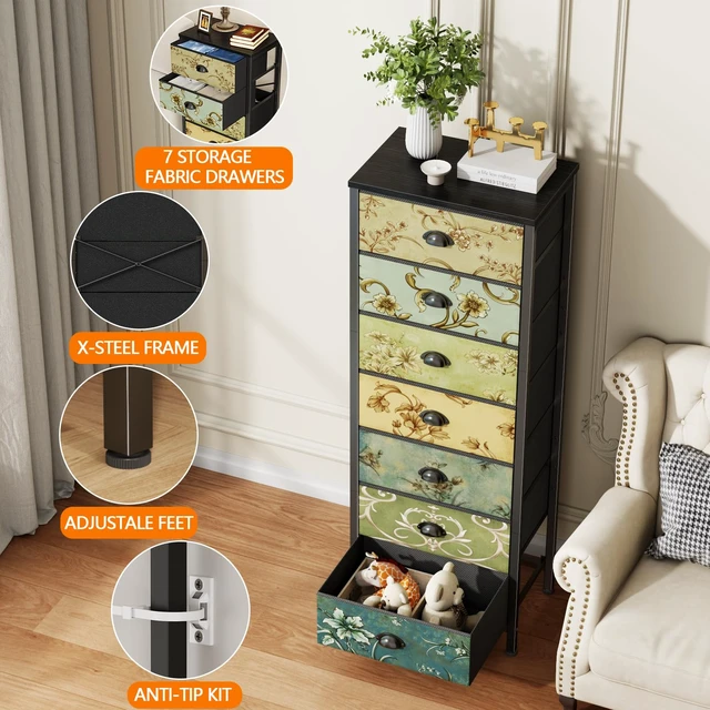 Alt view image 5 of 7 - 7 Drawer Tall Dresser for Bedroom, Vintage Fabric Chest of Drawers | Tall Nightstand for Dorm, Vertical Storage Tower Organizer, Fabric Drawer Units, Retro Skinny Dresser for Closet, Entryway