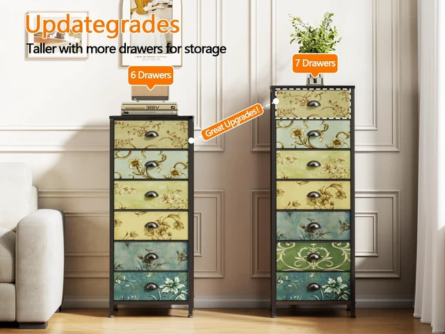 Alt view image 7 of 7 - 7 Drawer Tall Dresser for Bedroom, Vintage Fabric Chest of Drawers | Tall Nightstand for Dorm, Vertical Storage Tower Organizer, Fabric Drawer Units, Retro Skinny Dresser for Closet, Entryway
