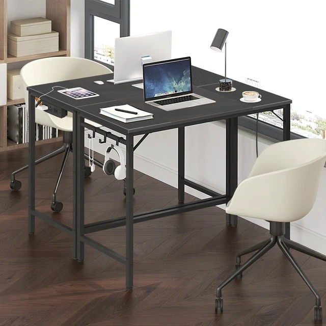Alt view image 4 of 7 - Computer Desk, 31.5 Inch Small Desk with Power Outlet, Writing Table with USB Charging Ports and 3 Hooks for Home Office, Study Room, Bedroom, Easy to Assemble, Rustic Brown and Black BF40UDN01