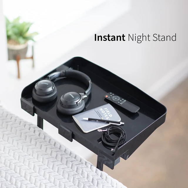Alt view image 2 of 7 - Height Adjustable Under Mattress 17 inch Bedside Shelf, Works with Lofts and Beds Without Frames, Heavy Duty Storage Tray, Fits Laptops, Books, and Drinks, Nightstand Alternative, Black