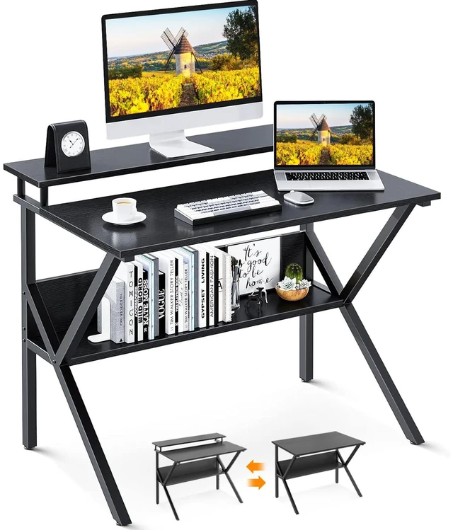 Main image of 27.5 Inch Small Desk with Storage & Monitor Stand, Black | Small Computer Desk for Small Spaces, Study Desk for Bedroom