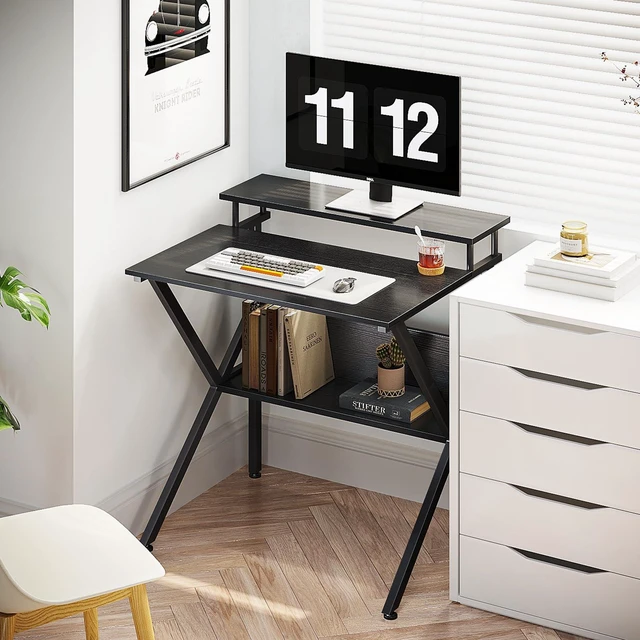 Alt view image 7 of 7 - 27.5 Inch Small Desk with Storage & Monitor Stand, Black | Small Computer Desk for Small Spaces, Study Desk for Bedroom