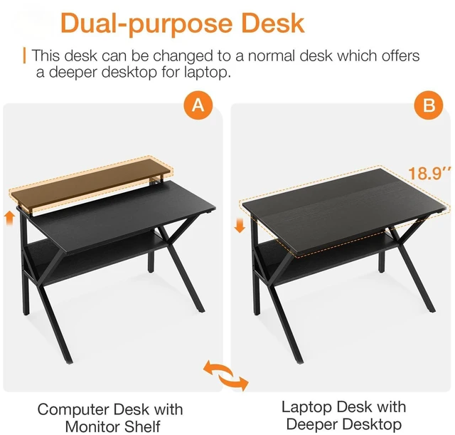 Alt view image 4 of 7 - 27.5 Inch Small Desk with Storage & Monitor Stand, Black | Small Computer Desk for Small Spaces, Study Desk for Bedroom