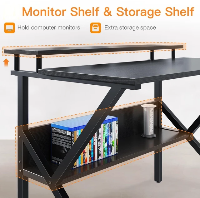Alt view image 5 of 7 - 27.5 Inch Small Desk with Storage & Monitor Stand, Black | Small Computer Desk for Small Spaces, Study Desk for Bedroom