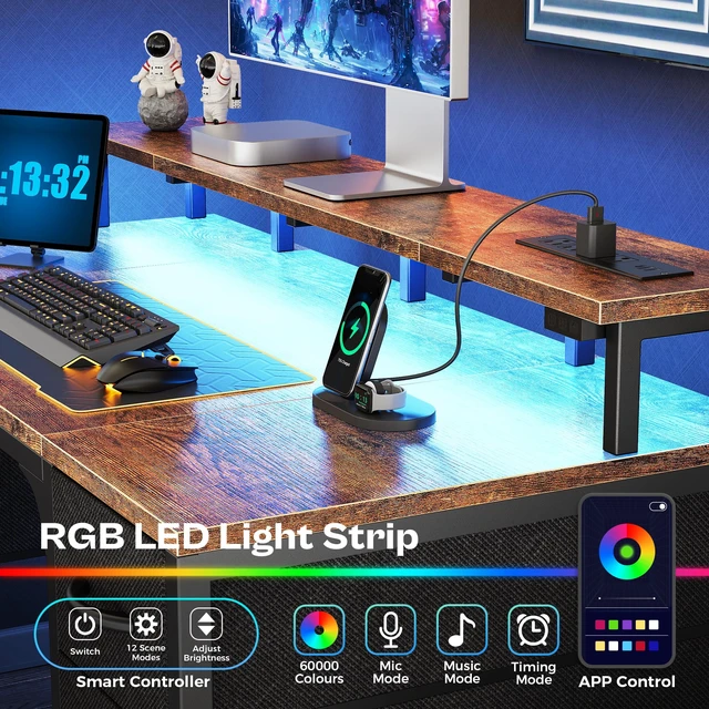 Alt view image 2 of 7 - 47 inch Computer Desk with Power Outlets & 4 Drawers | Gaming Desk with LED Lights, Home Office Desk with Storage Space, Work from Home, Rustic Brown and Black