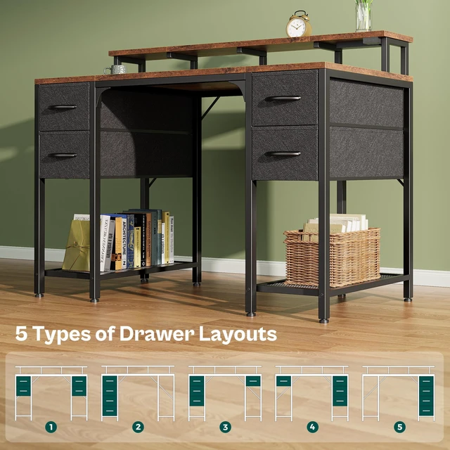 Alt view image 4 of 7 - 47 inch Computer Desk with Power Outlets & 4 Drawers | Gaming Desk with LED Lights, Home Office Desk with Storage Space, Work from Home, Rustic Brown and Black