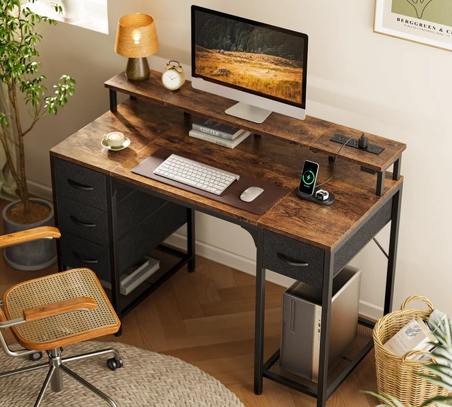 Alt view image 6 of 7 - 47 inch Computer Desk with Power Outlets & 4 Drawers | Gaming Desk with LED Lights, Home Office Desk with Storage Space, Work from Home, Rustic Brown and Black
