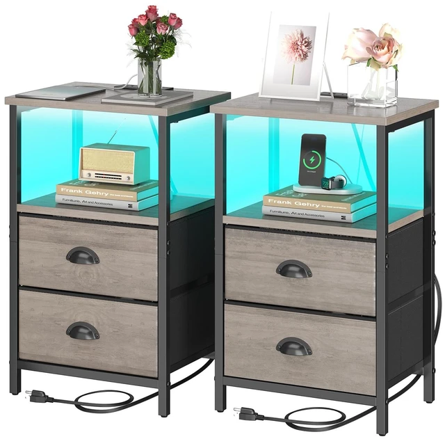 Main image of Nightstand with Charging Station, LED Night Stand Set of 2, Bedside Table End Table with Drawer, Bedroom Tables with 2 Fabric Drawers, 3-Tier Storage Side Table for Bedroom,Grey