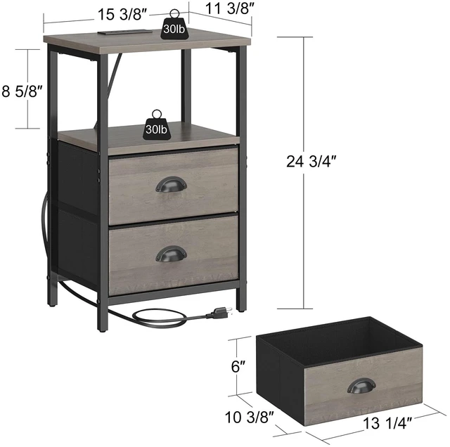 Alt view image 3 of 7 - Nightstand with Charging Station, LED Night Stand Set of 2, Bedside Table End Table with Drawer, Bedroom Tables with 2 Fabric Drawers, 3-Tier Storage Side Table for Bedroom,Grey
