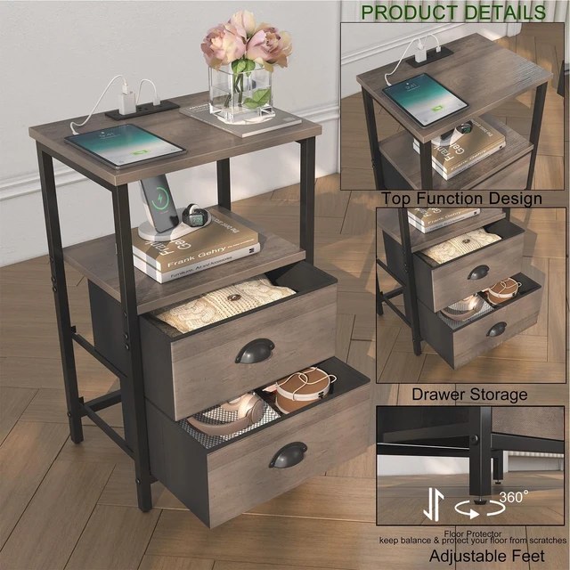 Alt view image 5 of 7 - Nightstand with Charging Station, LED Night Stand Set of 2, Bedside Table End Table with Drawer, Bedroom Tables with 2 Fabric Drawers, 3-Tier Storage Side Table for Bedroom,Grey