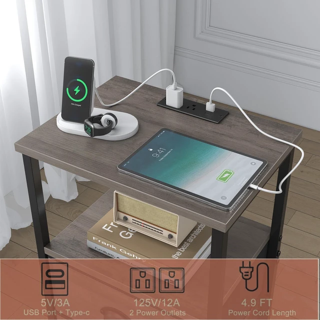 Alt view image 4 of 7 - Nightstand with Charging Station, LED Night Stand Set of 2, Bedside Table End Table with Drawer, Bedroom Tables with 2 Fabric Drawers, 3-Tier Storage Side Table for Bedroom,Grey