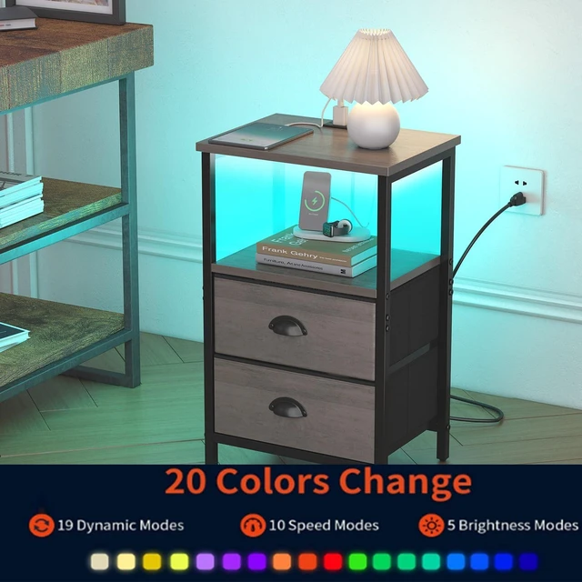 Alt view image 6 of 7 - Nightstand with Charging Station, LED Night Stand Set of 2, Bedside Table End Table with Drawer, Bedroom Tables with 2 Fabric Drawers, 3-Tier Storage Side Table for Bedroom,Grey
