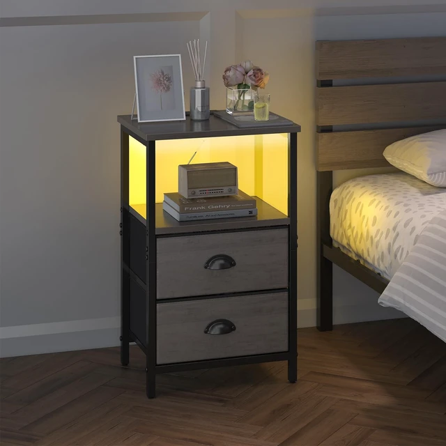 Alt view image 7 of 7 - Nightstand with Charging Station, LED Night Stand Set of 2, Bedside Table End Table with Drawer, Bedroom Tables with 2 Fabric Drawers, 3-Tier Storage Side Table for Bedroom,Grey