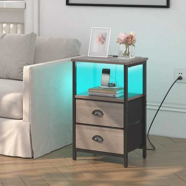 Alt view image 2 of 7 - Nightstand with Charging Station, LED Night Stand Set of 2, Bedside Table End Table with Drawer, Bedroom Tables with 2 Fabric Drawers, 3-Tier Storage Side Table for Bedroom,Grey