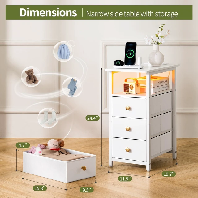 Alt view image 2 of 7 - End Table with Charging Station, LED Narrow Side Table Bedside Table, Small Night Stand End Tables Living Room, Skinny Nightstand with 3 Fabric Drawers, Side Tables Bedroom for Small Spaces