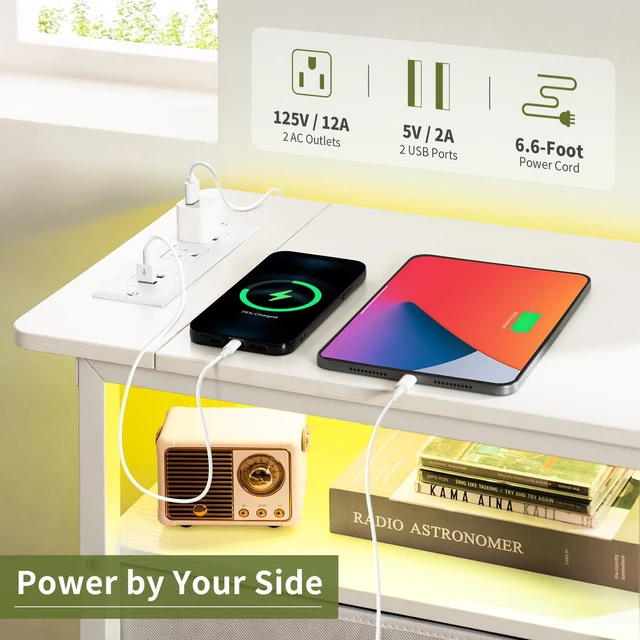 Alt view image 5 of 7 - End Table with Charging Station, LED Narrow Side Table Bedside Table, Small Night Stand End Tables Living Room, Skinny Nightstand with 3 Fabric Drawers, Side Tables Bedroom for Small Spaces
