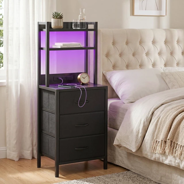 Alt view image 2 of 6 - 41 Inch Tall Nightstand with Charging Station for Dorm, Black | 3-tier open bookshelf, built-in 2 AC outlets & 2 USB ports, 3 fabric drawers, night stand for bedroom office with LED lights