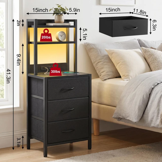 Alt view image 3 of 6 - 41 Inch Tall Nightstand with Charging Station for Dorm, Black | 3-tier open bookshelf, built-in 2 AC outlets & 2 USB ports, 3 fabric drawers, night stand for bedroom office with LED lights