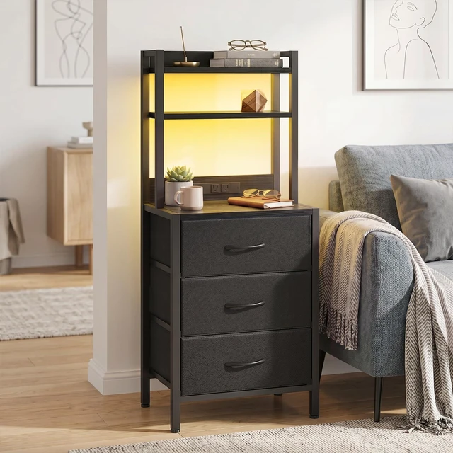 Alt view image 5 of 6 - 41 Inch Tall Nightstand with Charging Station for Dorm, Black | 3-tier open bookshelf, built-in 2 AC outlets & 2 USB ports, 3 fabric drawers, night stand for bedroom office with LED lights