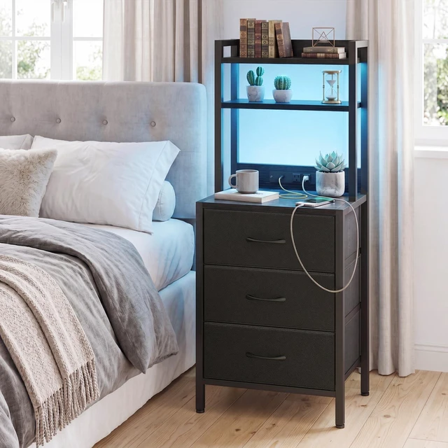Alt view image 6 of 6 - 41 Inch Tall Nightstand with Charging Station for Dorm, Black | 3-tier open bookshelf, built-in 2 AC outlets & 2 USB ports, 3 fabric drawers, night stand for bedroom office with LED lights