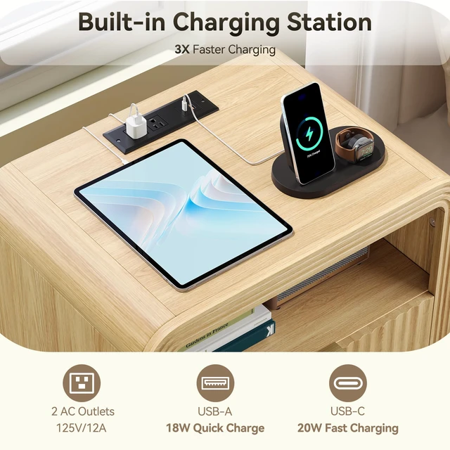 Alt view image 2 of 7 - Fluted Nightstand with Charging Station, 2 Drawers, Oak | 19.7'' Wide Morden End Table with USB/Type-C Ports, Curved Profile Design, Open Shelf, Wood Bedside Table for Bedroom