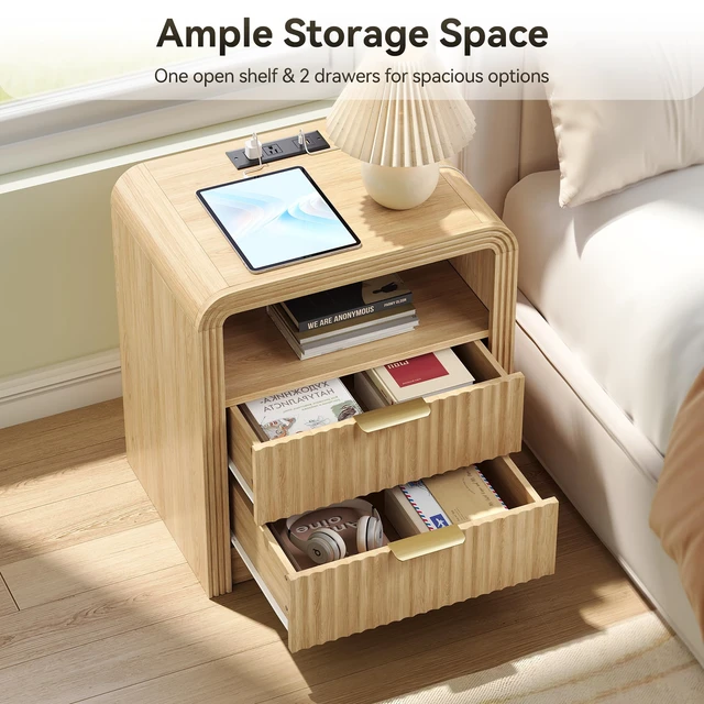 Alt view image 3 of 7 - Fluted Nightstand with Charging Station, 2 Drawers, Oak | 19.7'' Wide Morden End Table with USB/Type-C Ports, Curved Profile Design, Open Shelf, Wood Bedside Table for Bedroom