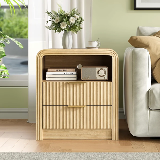 Alt view image 5 of 7 - Fluted Nightstand with Charging Station, 2 Drawers, Oak | 19.7'' Wide Morden End Table with USB/Type-C Ports, Curved Profile Design, Open Shelf, Wood Bedside Table for Bedroom