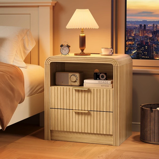 Alt view image 6 of 7 - Fluted Nightstand with Charging Station, 2 Drawers, Oak | 19.7'' Wide Morden End Table with USB/Type-C Ports, Curved Profile Design, Open Shelf, Wood Bedside Table for Bedroom