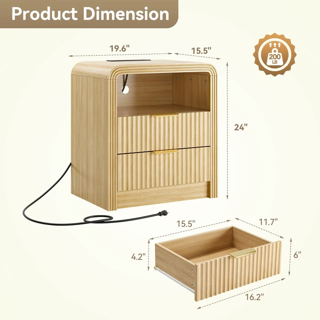 Alt view image 7 of 7 - Fluted Nightstand with Charging Station, 2 Drawers, Oak | 19.7'' Wide Morden End Table with USB/Type-C Ports, Curved Profile Design, Open Shelf, Wood Bedside Table for Bedroom