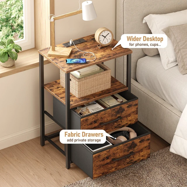 Alt view image 4 of 7 - Nightstands Set of 2, End Table with Charging Station | Side Table with 2 USB Ports and Outlets, Bedside Table with Cloth Drawer, Couch Table, Brown TB01BB052