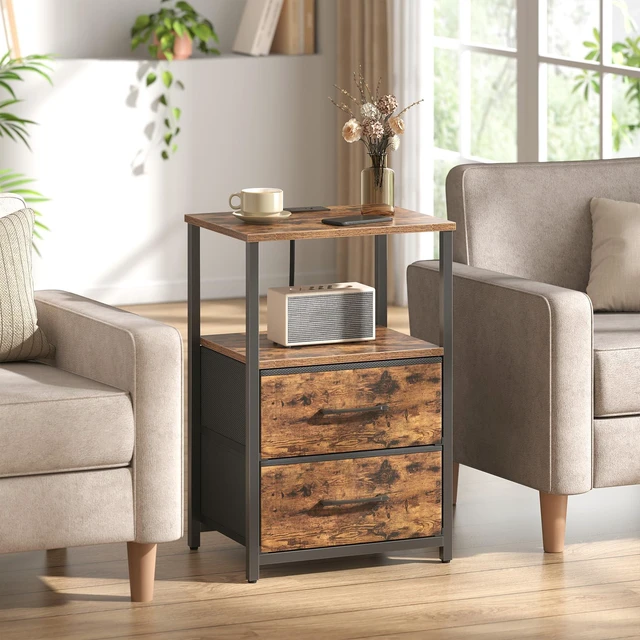 Alt view image 5 of 7 - Nightstands Set of 2, End Table with Charging Station | Side Table with 2 USB Ports and Outlets, Bedside Table with Cloth Drawer, Couch Table, Brown TB01BB052