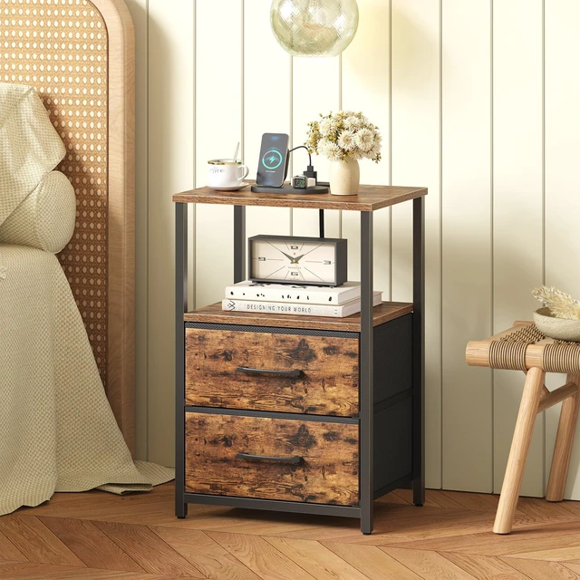 Alt view image 2 of 7 - Nightstands Set of 2, End Table with Charging Station | Side Table with 2 USB Ports and Outlets, Bedside Table with Cloth Drawer, Couch Table, Brown TB01BB052