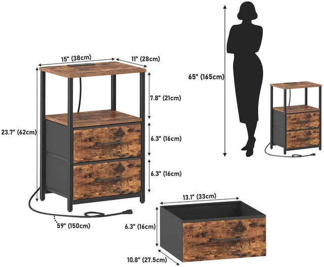 Alt view image 3 of 7 - Nightstands Set of 2, End Table with Charging Station | Side Table with 2 USB Ports and Outlets, Bedside Table with Cloth Drawer, Couch Table, Brown TB01BB052