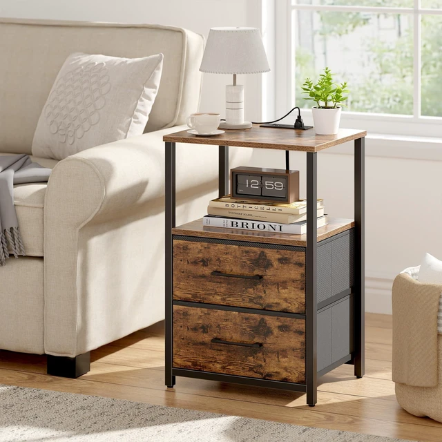 Alt view image 7 of 7 - Nightstands Set of 2, End Table with Charging Station | Side Table with 2 USB Ports and Outlets, Bedside Table with Cloth Drawer, Couch Table, Brown TB01BB052